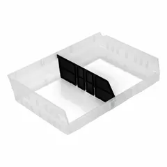 Plastic shelf bin dividers for organizing and separating items within storage bins. Measures 10 in x 4 in with a 15 in overall width. Compatible with manufacturer model number QSB118.