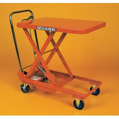 The BISHAMON BX-25 is a manual scissor-lift table with a steel platform measuring 32 inches in length by 19 11/16 inches in width. It achieves a maximum lifting height of 34 1/8 inches. This manually operated lift table is used for positioning loads at ergonomic working heights in warehouses, assembly areas, and maintenance facilities.