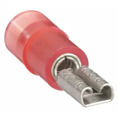 Female quick disconnect socket with red nylon partial insulation. Accepts 22 AWG to 16 AWG wire. Used for making removable electrical connections in control panels, appliances, and industrial equipment where partial insulation is acceptable.