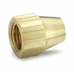 This brass flared fitting nut is designed for 3/8 in OD tubing and complies with SAE J512 standards. It is used to create a mechanical seal in fluid power systems, including hydraulic, pneumatic, and fuel lines.