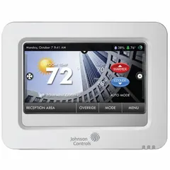 Commercial thermostat for heat and cool applications with touch screen control and 7-day programming. Features smart alerts, humidification control, and fan settings with auto-on. Supports terminals C, G, R, Sensor, W1, O, B, W2, W3, AUX, Y1, Y2. White housing.