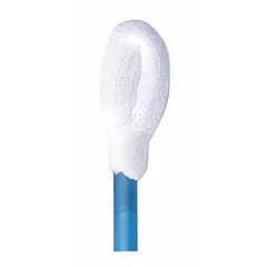Polyester cleanroom swab with a round tip, 13/32 in tip length, 1/4 in tip width, and 2 3/8 in white polyester handle. Designed for static-sensitive applications, it generates no tribo-charge. Supplied in a 500-pack.