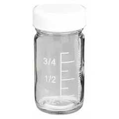 This 30 mL clear wide mouth round glass bottle is made from colorless soda lime glass with a 33-400 mm screw closure. It features a graduated body and a 34 mm body diameter. Suitable for storing liquid or powdered samples in laboratory settings where a secure closure and easy filling are required. Sold in a case of 48 bottles.