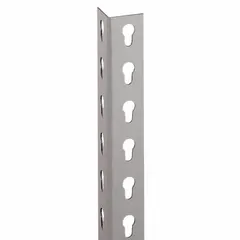 This steel upright post is designed for use in boltless shelving systems, providing vertical support without the need for bolts or tools. It features a powder-coated gray finish and is constructed from 14-gauge steel. Suitable for warehouses and industrial storage applications requiring adjustable shelving.