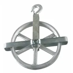 This PEERLESS well-wheel pulley block is designed for lifting and pulling operations using fibrous rope. It features a galvanized steel housing and sheave, a swivel hook attachment, and a sleeve bearing. With a working load limit of 1,200 lb, it is suitable for raising or lowering loads in industrial and agricultural settings.