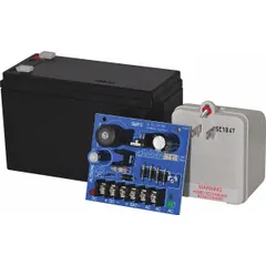 This power supply kit provides regulated 12VDC output at 2.5A. It accepts 16 to 28V AC input and includes a battery and transformer for backup operation. Suitable for powering control panels, security systems, and access control equipment.