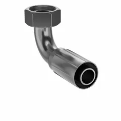 Steel 90° elbow hydraulic crimp fitting with female metric thread (M52-2) on one end and crimp connection for -20 dash size hose on the other. Used to connect metric-threaded ports to hose in high-pressure fluid power systems, common in industrial machinery and mobile equipment.
