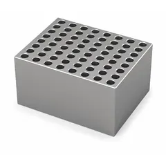Anodized aluminum dry block heater with 64 wells, each 6 3/8 mm in diameter, for 0.2 mL tubes. Overall dimensions 3 in length by 3 3/4 in width. Includes a thermometer well. Used for laboratory sample incubation and temperature control.