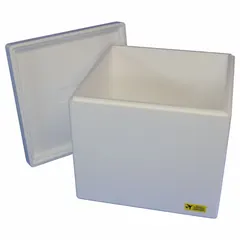 This insulated shipping kit consists of a corrugated cardboard outer box and a white Styrofoam insert with 0.75 in wall thickness. It is used for passive thermal protection of temperature-sensitive items during transit.