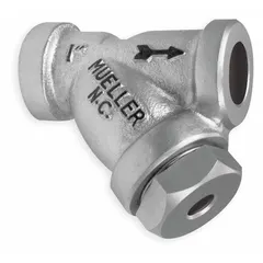 This Y strainer is constructed from carbon steel with a socket connection for piping systems. It features a 304 stainless steel perforated screen with 0.062 in openings and a spiral wound graphite filled seal. Used to remove particulate from steam, water, or process fluid pipelines, protecting downstream equipment such as valves and pumps.