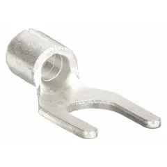 Non-insulated fork terminal for #8 stud size, accepting 16 AWG to 14 AWG wire. Standard fork shape allows quick connection and disconnection without fully removing the screw. Rated 600 V, suitable for use in terminal blocks, control panels, and power distribution systems where bare terminals are required.
