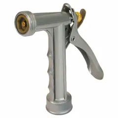 This pistol-grip nozzle features a rear trigger and GHT connection for use with standard garden hoses. Die-cast construction provides service in general watering, washing, and rinsing tasks. Adjustable stream control suits equipment cleaning, dust suppression, and irrigation. Rated for maximum temperature of 100°F.