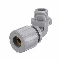 This 90° plastic cable grip with a 1/2 in MNPT connection accommodates cord diameters from 0.13 in to 0.19 in. The gray nylon body and orange color-coded grommet provide liquid-tight sealing and strain relief for electrical cables entering junction boxes in industrial environments. Rated IP66 and Class I, Division 2 for hazardous locations.