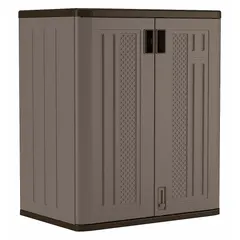 Stationary resin cabinet with two fixed shelves, a recessed pull handle, and padlock hasp. Frame base in Platinum/Slate finish. Unassembled. Suitable for organizing tools, supplies, and equipment in garages, workshops, or light industrial settings.