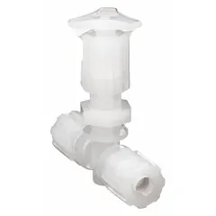 This Parker high-purity needle valve features a PFA stem and body, with flare x flare connections for 1/4 in pipe size. Rated for 100 psig maximum working pressure (CWP), it is suited for precise flow control in corrosive or ultra-pure fluid systems.