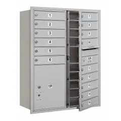 Horizontal multi-unit mailbox with 16 lockable front doors, designed for recessed mounting. Dimensions: 41 3/8 in H x 31 1/8 in W x 16 1/2 in D. Suitable for secure mail distribution in multi-tenant buildings, offices, or institutions.