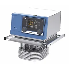 Heating circulator with LCD display and temperature control accuracy of +/-0.01K. Minimum temperature setting is ambient. Overall depth 11 1/2 inches. Used for precise temperature control in laboratory and industrial processes requiring stable thermal conditions.