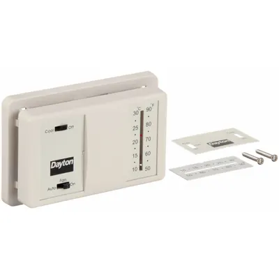 Dayton Low Voltage Thermostat: Cool Only, G/R/Terminal Designations, Auto-On, On-Off - Analog Thermostats