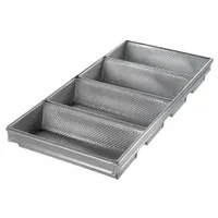 This 4-slot hearth bread pan is made of 22 ga gauge aluminized steel with a silver finish. It is designed for baking artisan-style breads in commercial bakeries and foodservice operations, allowing multiple loaves to be produced simultaneously. The pan measures 12 3/8 inches in overall width and is not NSF certified