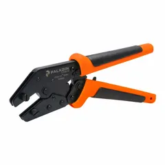 This ratchet crimper is designed for crimping connectors onto modular data cables. It accommodates Flat, HDYV, BNC, TNC, Rounded, Solid, and Stranded connector types. The tool features non-metallic construction with rubber-embedded handles and a rounded design. Overall length is 9 7/8 inches.