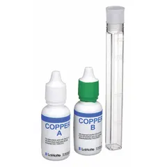 Colorimetric test kit for measuring copper concentration in water. Range 0.05 to 1.0 ppm with 0.05 ppm sensitivity. Includes color chart and instructions for 50 tests. Suitable for monitoring copper levels in process water, wastewater, and environmental samples.