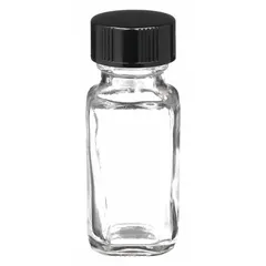 Rectangular glass lab bottle with a 15 mL capacity, clear colorless glass body, and a 20-400 mm screw closure. Supplied with a phenolic cap featuring an LDPE/PTFE liner. Not graduated and not pre-cleaned. Pack of 48. Suitable for general laboratory liquid storage and sample collection.