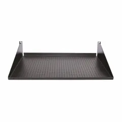 This perforated shelf is constructed from steel with a black finish. It has an overall depth of 14 inches and an overall height of 3 1/2 inches. The perforated design allows for airflow, making it suitable for mounting network equipment, servers, or patch panels in standard 19-inch racks.