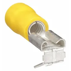 Partially insulated piggyback disconnect with yellow vinyl covering for partial insulation. Features a 0.25 in x 0.032 in tab for use with standard socket/tab terminals. Commonly used for quick connect or disconnect of electrical wires in control panels, appliances, and industrial equipment.