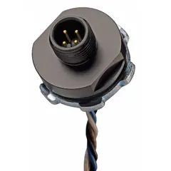 Panel-mount receptacle with 5 pins and 1/2"-14 mounting thread. Includes 1 ft wire length. Rated IP67 for protection against dust and water ingress. Used to connect actuators and sensors in industrial automation systems.