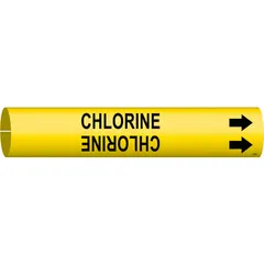 Yellow snap-on pipe marker with black legend reading 'Chlorine' and directional arrows. Fits pipe outer diameters from 1-1/2 to 2-3/8 inches. Used to identify chlorine lines in piping systems, providing clear hazard communication and flow direction indication.