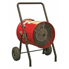 This portable electric salamander heater delivers 15kW of flameless heat for construction sites, garages, and warehouses. Hardwired for 240V AC single-phase operation, it includes 10-inch pneumatic wheels for mobility. Thermal overheat protection is provided by a one-time thermal fuse. Dimensions: 40 x 30 x 24 inches.