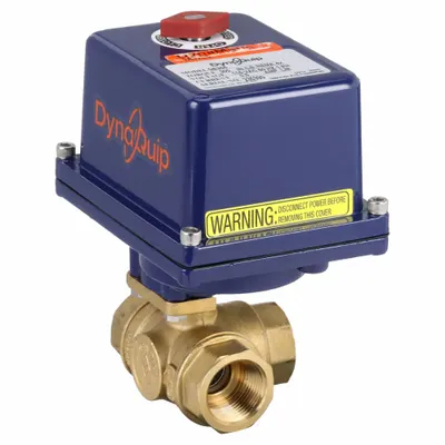 DYNAQUIP CONTROLS Electrically Actuated Three-Way Ball Valve: 1 in, Brass, 120V AC - L-Port Brass Electrically-Actuated Ball Valves