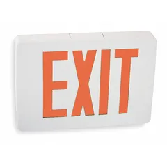 This aluminum LED exit sign features a white housing with red text and one illuminated face. It operates on 120/277 V AC and includes universal field selectable chevrons for directional indication. Designed for ceiling mounting, it is not battery powered and does not include emergency battery backup or self-diagnostics. Suitable for marking exits in commercial and public buildings.