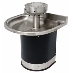This sensor-operated wash fountain from ACORN Series 3543 features a semi-circular stainless steel bowl in black/silver finish with a 32 in overall width. Equipped with a P-Trap drain, it is designed for high-traffic commercial restrooms and industrial facilities where touch-free operation supports hygiene and water conservation. Note: This unit is not ADA compliant.