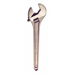 This nonsparking adjustable wrench is constructed from aluminum bronze with a natural finish. It has an overall length of 15 inches and a jaw capacity of 1 11/16 inches. Suitable for use in environments where flammable vapors or dust may be present.