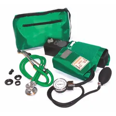 This blood pressure match set includes a reusable adult nylon arm cuff with a double-tube configuration and a dual-head stethoscope featuring a medium bell chest piece. Designed for manual blood pressure measurement on adult patients, it comes with a carrying case for storage and transport.