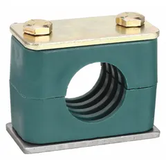 Steel clamp with polypropylene cushion for securing and dampening vibration in single-line piping systems. Ribbed bore enhances grip and reduces noise. Suitable for hydraulic, pneumatic, and process lines.