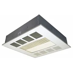 This recessed drop-in panel fan-forced electric ceiling heater is designed for commercial and industrial spaces such as warehouses, workshops, and retail areas. It operates on 208V AC, 1 or 3-phase power, with selectable wattage outputs of 2000W, 3000W, or 4000W. The white housing measures 23-3/4 in x 23-3/4 in x 7 in and is suitable for recessed mounting in ceilings.