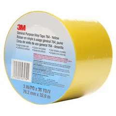 Solid yellow vinyl tape, 3 in x 108 ft, 5 mil thick. No printed legend. Used for marking aisles, walkways, and hazard zones in industrial facilities.