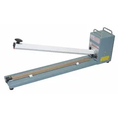 Tabletop impulse heat sealer for sealing plastic bags and films. Maximum seal length 40 in, seal width 3 mm, seal thickness 7 mil. Suitable for packaging, industrial, and warehouse sealing tasks.