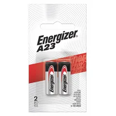 Alkaline battery in 21/23 form factor providing 12V DC output with 50 mAh capacity. Suitable for low-drain devices such as keyless entry remotes, garage door openers, wireless doorbells, and security sensors. Supplied as a 2-pack.