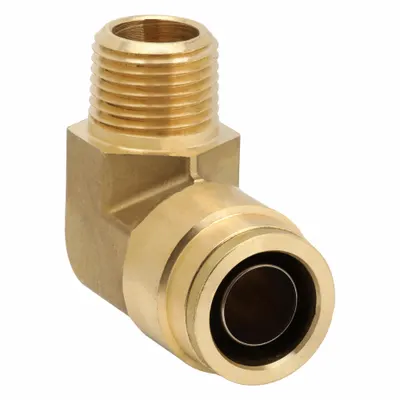 PARKER Push-Fit Elbow Fitting: 3/4 in OD x 1/2 in Pipe Fitting Size, Push-to-Connect x MNPT - Brass Air Brake Fittings