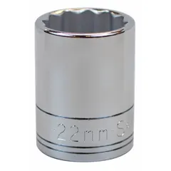This 1/2" drive hand socket features a 22 mm metric size with a 12-point configuration for use on hexagonal fasteners. Constructed from chrome, it is suitable for tightening or loosening metric fasteners in automotive repair, industrial maintenance, and mechanical assembly.