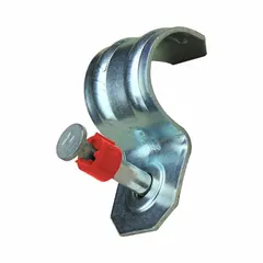This pack includes 100 hole straps with pre-attached 1-inch pins, featuring a 0.3-inch head diameter. Designed for use with powder-actuated tools, these straps are used to fasten metal straps, clips, or hangers to concrete or steel in construction and mechanical installations.
