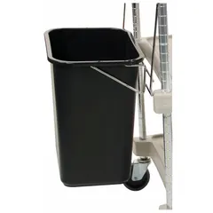 This black plastic and steel bin is designed for use with MY2030 utility carts and compatible with 29JU31-36 models. It holds up to 25 lb of supplies, suitable for organizing tools, parts, or materials in industrial, commercial, or healthcare settings.