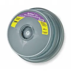 NIOSH-approved HEPA particulate filter and vapor cartridge for MSA OptimAir TL Series PAPR systems. Olive color code indicates HEPA rating. Pack of 6. Suitable for protection against airborne particulates and certain vapors in industrial environments.