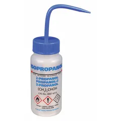 This 250 mL wash bottle features a wide mouth with a standard spout and a vented design. The colorless body and blue closure allow easy identification. Imprinted for specific chemicals, it is used in laboratory and industrial settings for dispensing isopropanol.