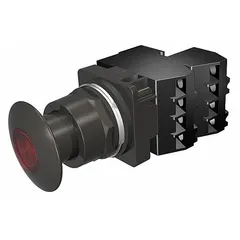 Maintained-action illuminated mushroom-head push button with a 30 mm metallic profile and 2NC contact configuration. Features pressure plate terminal connections. Suitable for use as a control actuator in industrial machinery and process control panels.