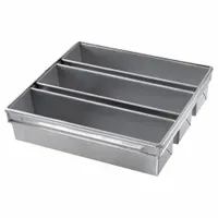This aluminized steel Pullman bread pan features three slots for baking uniform loaves with a thin crust. With an overall width of 16 3/8 inches and depth of 4 inches, it is suited for commercial bakeries and foodservice operations requiring consistent loaf dimensions
