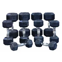This dumbbell set includes five pairs of weights: 5 lb, 10 lb, 15 lb, 20 lb, and 25 lb. The handles are made of steel, and the entire set is finished in black. Suitable for strength training and resistance exercises in commercial gyms, home fitness, and athletic conditioning.